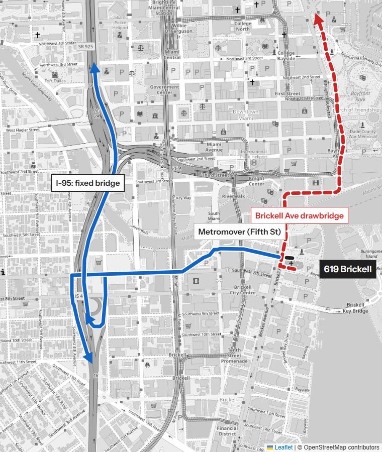 Map of bridge-free routes from 619 Brickell